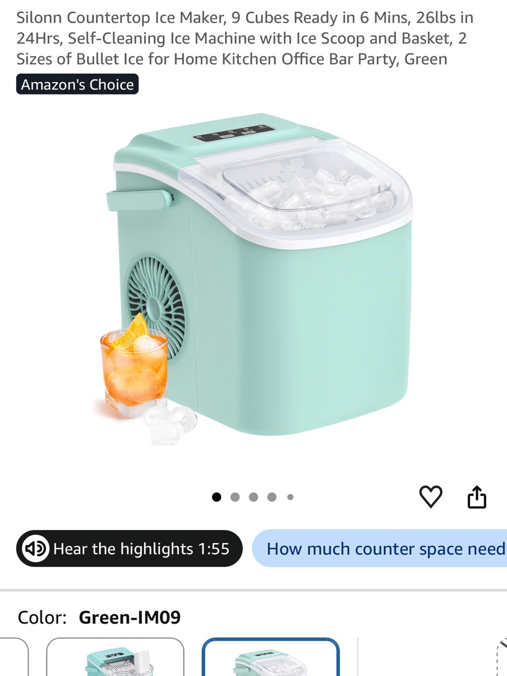 Green Countertop Ice Maker - Fast Home Ice Machine